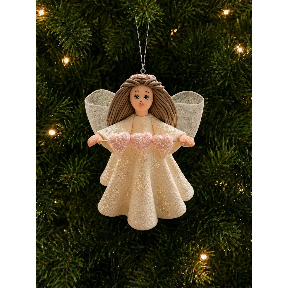 Kneeded Angels Pink Hearts Carol  Graziano Handcrafted Angel Ornament Cream Pink